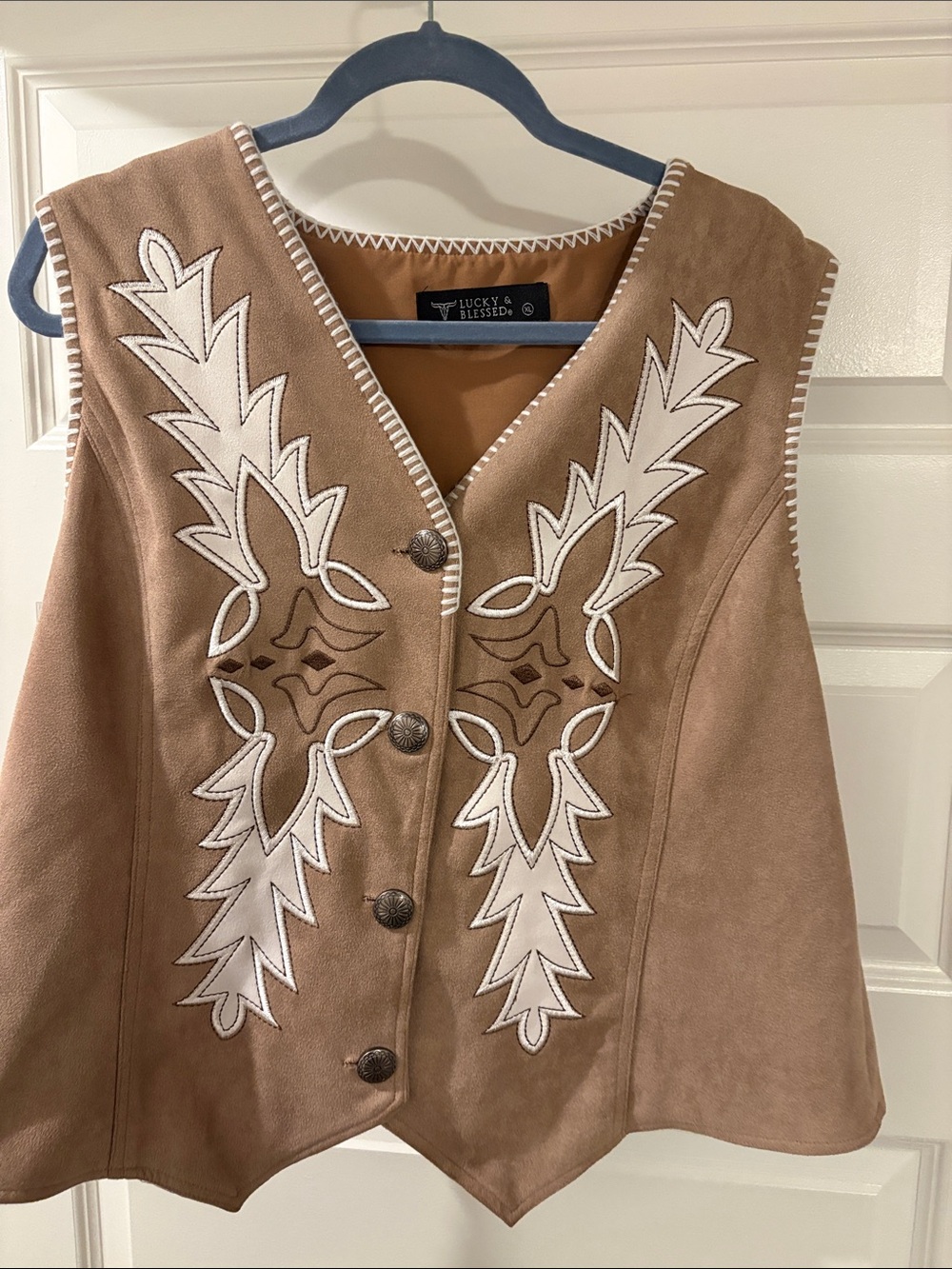 Lucky & Blessed Brown Suede Vest with White Appliqué